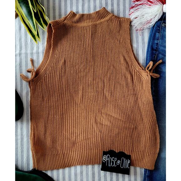 Y2K Camel Brown Mock Neck Knit Sweater Vest Tank Top - Picture 2 of 8